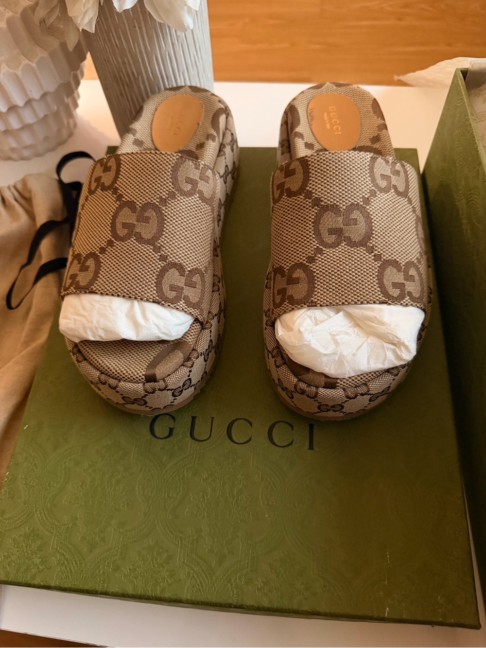 Gucci Beige Brown GG Canvas Slide Sandals - Picture 2 of 12